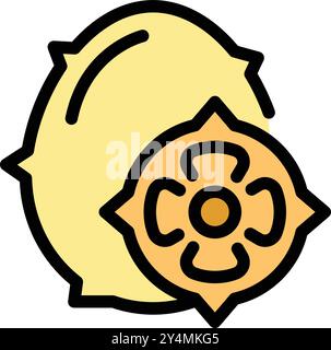 Semplice icona di un kiwano con una sezione trasversale che mostra i semi e la polpa Illustrazione Vettoriale