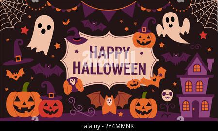 Striscione di Halloween con elementi spaventosi icone e segni Illustrazione Vettoriale