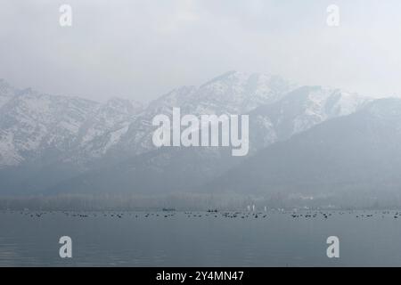 Srinagar, Jammu e Kashmir / India - 17 dicembre 2019 : Una vista sul lago dal e sulla splendida catena montuosa di Shrinagar, Jammu e Kashmir. Foto Stock