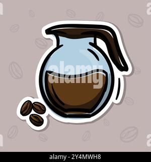 Semplice illustrazione vettoriale di una caraffa con caffè e chicchi di caffè. Illustrazione disegnata a mano per adesivo, emblema, etichetta Illustrazione Vettoriale