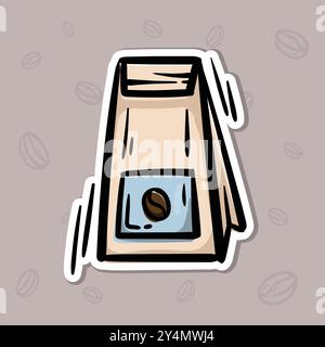 Semplice illustrazione vettoriale di un sacchetto di carta con chicchi di caffè. Illustrazione disegnata a mano per adesivo, emblema, etichetta, prezzo Illustrazione Vettoriale