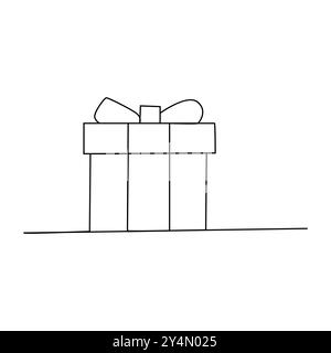 Confezioni regalo appese. Disegno continuo su una linea disegno disegno sulla linea disegno della confezione regalo. Pacchetto a sorpresa avvolto per la festa di natale o di compleanno . Illustrazione Vettoriale