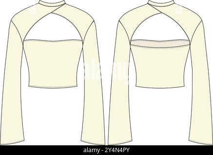 modello di blusa corta a manica lunga dal taglio basso, collo rotondo, disegno tecnico, disegno falt sketch cad mockup donna alla moda Illustrazione Vettoriale