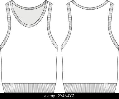 modello di blusa con canotta a coste disegno tecnico disegno piatto disegno cad mockup donna alla moda Illustrazione Vettoriale