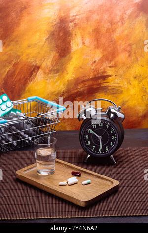 Una varietà di pillole su un vassoio di legno con un bicchiere d'acqua, una sveglia vintage e un cestino pieno di scatole di medicinali. Foto Stock