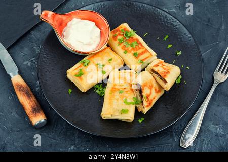 Pancake o crepes ripieni di fegato di manzo su un piatto. Cibo russo. Foto Stock