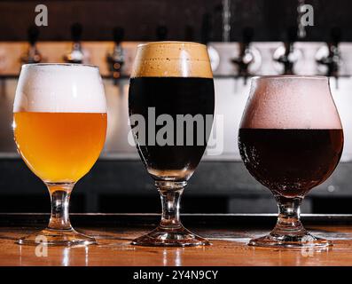 tre tipi di birra artigianale in bicchieri sul tavolo all'interno del pub Foto Stock