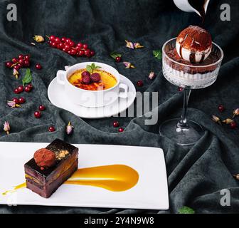 dessert creme brulee, tiramisù e dessert sacher Foto Stock