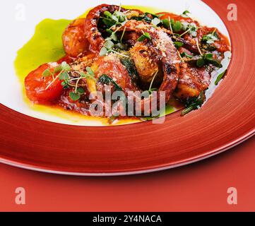 polpo fritto e capesante in salsa di pomodoro Foto Stock