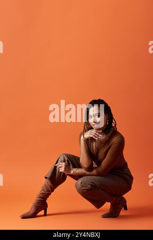 Una donna afro-americana alla moda sfoggia il suo stile con capelli intrecciati in un'atmosfera da studio artistico. Foto Stock