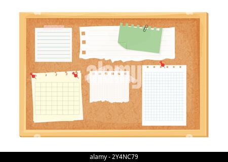 Appunti, promemoria su carta con spilla, nastro adesivo. Postit, note, idee o elenchi. Organizzatore, telaio in legno. Illustrazione vettoriale Illustrazione Vettoriale