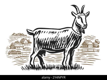 La capra pascolava nel prato. Disegnato a mano, disegna il paesaggio rurale con un animale da fattoria. Illustrazione vettoriale stile incisione dello schizzo Illustrazione Vettoriale
