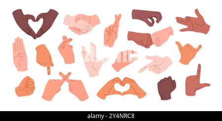 Mani umane con diversi gesti e posizioni. Illustrazione Vettoriale