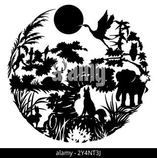 Illustrazione della silhouette di foglie di animali di colore nero e alberi nella giungla tropicale a forma di cerchio Foto Stock