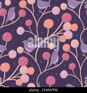 Motivo vettoriale senza cuciture con passeri che dormono su ramoscelli di frutti di bosco, tessuti per bambini. Illustrazione vettoriale Illustrazione Vettoriale