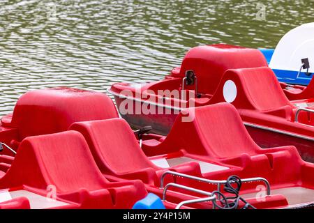 Pedalo rosso e blu parcheggiato sullo stagno accanto al molo di legno. Attrezzature per attività ricreative in acqua pronte all'uso Foto Stock