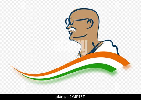Illustrazione vettoriale del Mahatma Gandhi con bandiera indiana su sfondo trasparente Illustrazione Vettoriale
