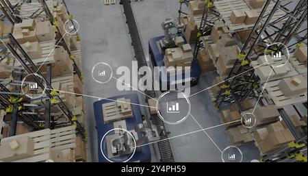 Immagine della rete di connessioni con icone sul robot nel magazzino Foto Stock