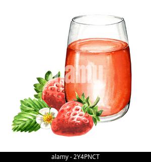 Bicchiere di succo di fragole e fragole rosse dolci. Illustrazione ad acquerello disegnata a mano isolata su sfondo bianco Foto Stock