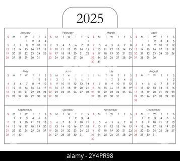 Calendario 2025. La settimana inizia domenica. Illustrazione Vettoriale