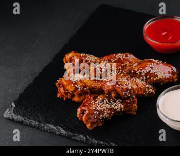 Ali di pollo di bufala calde e piccanti e patatine fritte Foto Stock