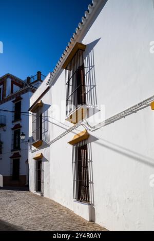 Scopri la bellezza delle strade storiche di Carmonas adornate di architettura imbiancata nel cuore di Siviglia, Spagna. Foto Stock