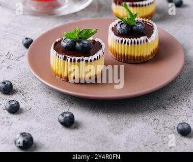 Mini cheesecake al cioccolato decorata con mirtilli Foto Stock