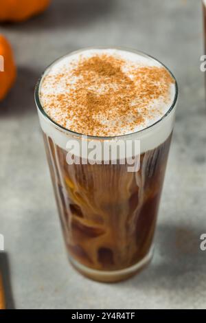 Latte di spezie di zucca Iced autunnale con schiuma fredda in un bicchiere Foto Stock