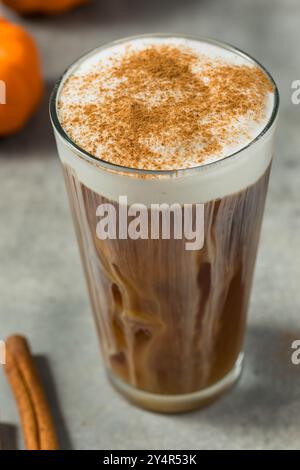Latte di spezie di zucca Iced autunnale con schiuma fredda in un bicchiere Foto Stock