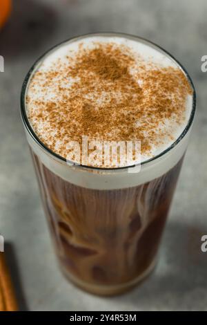 Latte di spezie di zucca Iced autunnale con schiuma fredda in un bicchiere Foto Stock