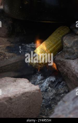 Vadodara, Gujarat / India - 8 settembre 2019 : Una vista ravvicinata della cottura del mais nel fuoco. Foto Stock