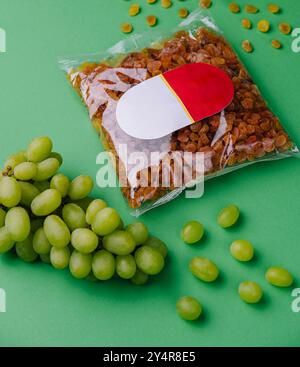 uva passa confezionata e uva su sfondo verde Foto Stock