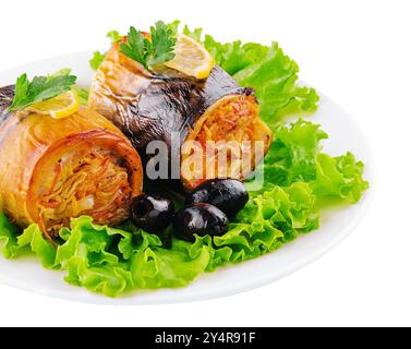 filetto di sgombro cotto in panini con carote e cipolle Foto Stock