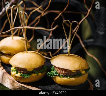 tre mini hamburger nella foresta Foto Stock