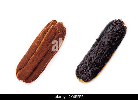 Eclari di torta glassati con vista dall'alto della crema di cioccolato Foto Stock