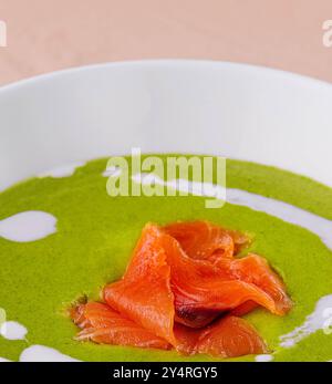 Deliziosa zuppa di crema di broccoli verde con salmone Foto Stock