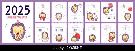 Grazioso calendario dei ricci 2025. Divertente personaggio animato kawaii. Organizer di pianificazione stampabile verticale. Copertina e pagine di 12 mesi in inglese. Settimana da Illustrazione Vettoriale