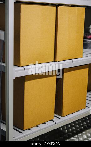 Primo piano di scatole di cartone impilate in modo ordinato sugli scaffali di un magazzino Foto Stock