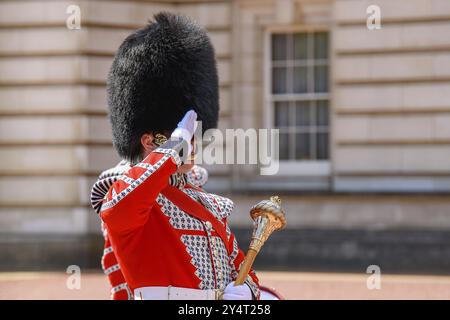 Cerimonia di cambio della guardia sul piazzale di Buckingham Palace, Londra, Regno Unito, Europa Foto Stock