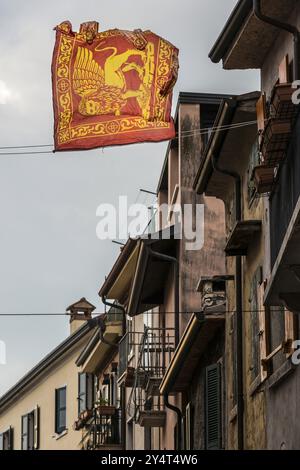 Leone, stemma, animale araldico, bandiera, striscione, turismo, architettura, Venezia, Italia, Europa Foto Stock