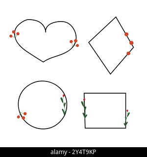 Illustrazione di semplici cornici geometriche con piccole piante di bacche rosse. Illustrazione Vettoriale
