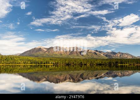 Riflesso dei monti Mentasta nei Twin Lakes a Wrangell-St Elias NP, Alaska. Foto Stock