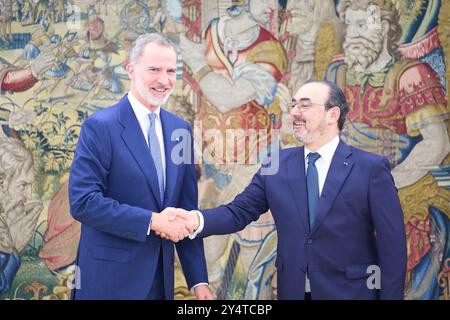 Re Felipe vi di Spagna partecipa a un'udienza con il presidente esecutivo della CAF-Development Bank of Latin America, Sergio Diaz-Granados al Palazzo Zarzuela il 29 maggio 2023 a Madrid, Spagna. Foto Stock