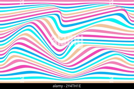 Strisce orizzontali ondulate in rosa, blu, pesca e bianco. Ideale per sfondi, motivi, articoli di cancelleria, tessuti e design digitali. Illustrazione Vettoriale