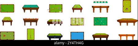 Set icone tavolo snooker. Grande set di tavoli da biliardo o snooker con tessuto verde in diverse posizioni, con vista dall'alto e laterale Illustrazione Vettoriale