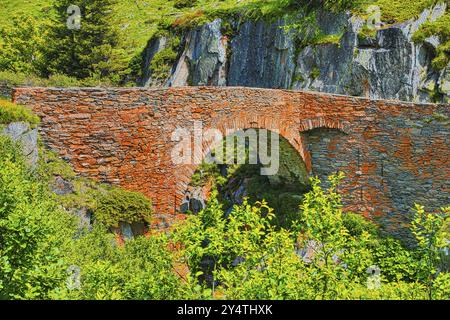 Un ponte in pietra vecchio stile si estende su un paesaggio roccioso sovrastato in un ambiente verde e estivo, Ladstaffel, passo di Nufenen, Canton Vallese, Switz Foto Stock