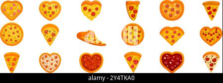 Set di icone Pizza Heart. Collezione di deliziose pizze con vari condimenti a forma di cuore, che mostrano la passione per la cucina italiana Illustrazione Vettoriale