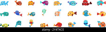 Set di icone delle emozioni dei personaggi dei pesci. Questo set di illustrazioni vettoriali presenta una collezione di adorabili pesci cartoni animati con un'ampia gamma di emozioni, perfetti per aggiungere un tocco di personalità e divertimento a qualsiasi progetto Illustrazione Vettoriale
