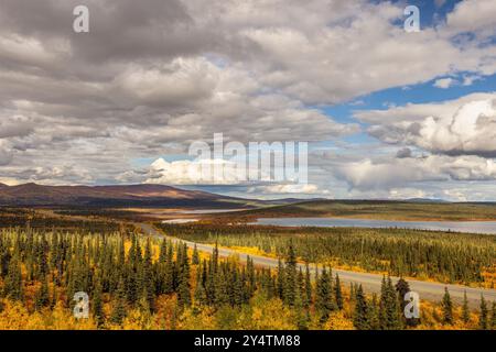 I colori autunnali di picco adornano il passo Tahneta nell'Alaska centro-meridionale. Foto Stock