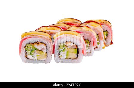 Sushi con pancetta, formaggio spalmabile, cetriolo e anguilla affumicata, decorato con salsa deliziosa Foto Stock